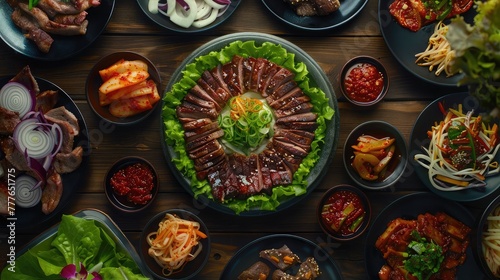 A mouthwatering plate of authentic Korean barbecue, with sizzling grilled meats, spicy kimchi, and an array of banchan side dishes, 