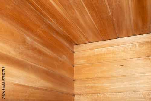 Close-up of modern wooden sauna with hard direct flashlight photo