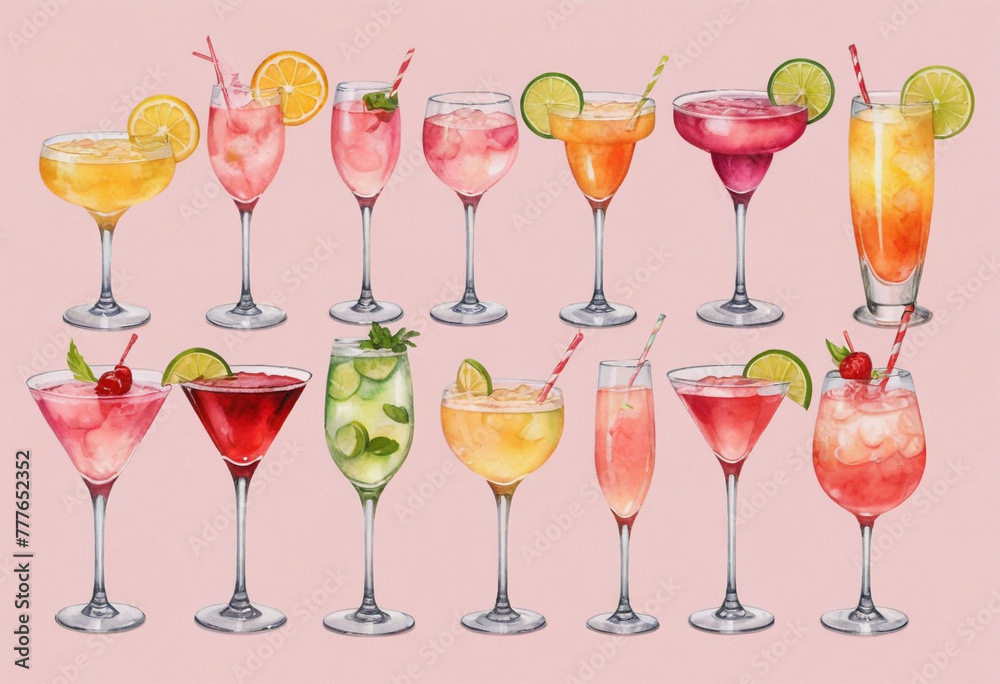 light pink array of cute watercolor clipart of different types and colors of cocktail glasses with different types of drinks in them such as a wine glass, champagne bottle, martini cup, mimosa, and ma light pink array of cute watercolor clipart of different types and colors of cocktail glasses with different types of drinks in them such as a wine glass, champagne bottle, martini cup, mimosa, and ma