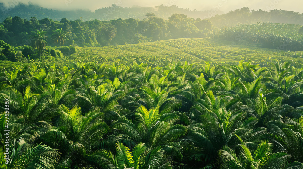 A sprawling plantation of oil palm trees stretches across the landscape ...