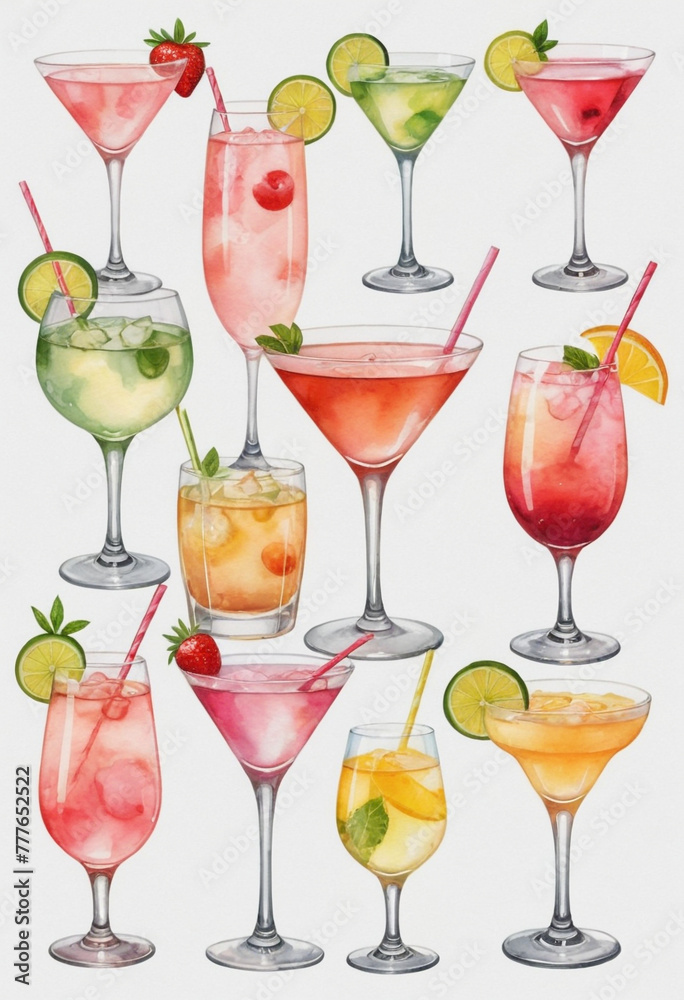 light pink array of cute watercolor clipart of different types and colors of cocktail glasses with different types of drinks in them such as a wine glass, champagne bottle, martini cup, mimosa, and ma light pink array of cute watercolor clipart of different types and colors of cocktail glasses with different types of drinks in them such as a wine glass, champagne bottle, martini cup, mimosa, and ma