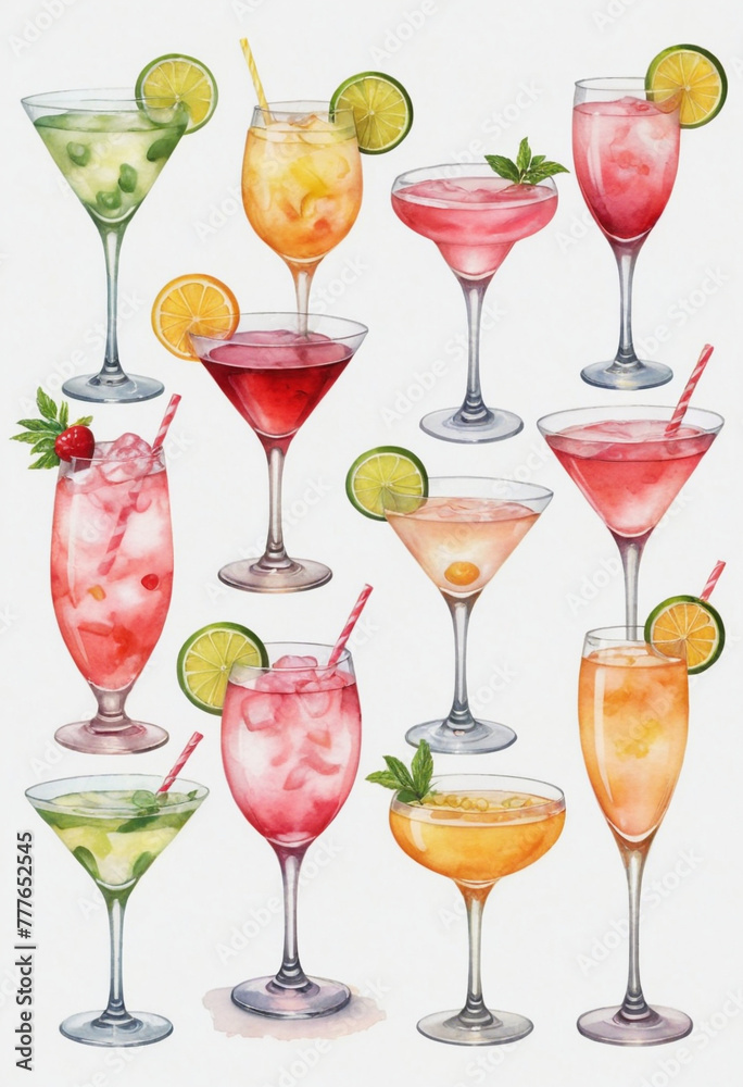 light pink array of cute watercolor clipart of different types and colors of cocktail glasses with different types of drinks in them such as a wine glass, champagne bottle, martini cup, mimosa, and ma