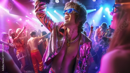 Happy young man dancing on a disco themed costume party in a neon - lit discotheque