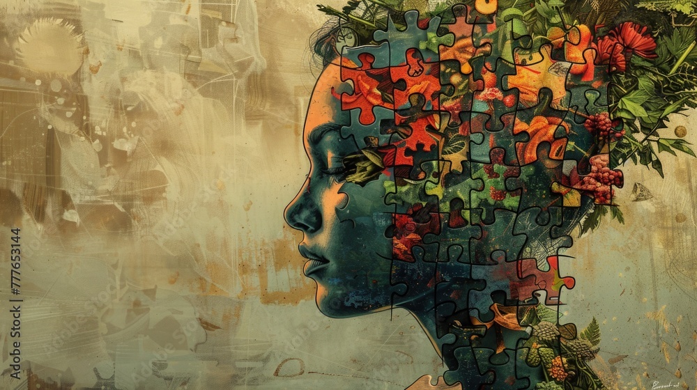 Graphic novel panel with a person of puzzle pieces each detailed in Graphic novel panel with a person of puzzle pieces each detailed in