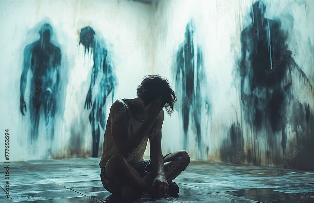depressed schizophrenic male psychopath with mental disorders and hallucinations sits on floor against wall with silhouettes of evil ghosts - obrazy, fototapety, plakaty 