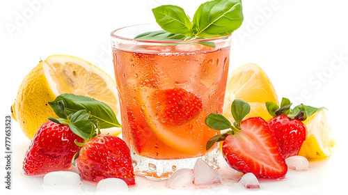 fresh Strawberry mohito cocktail with ice and mint in glass fruit to make water in the summer ,Fruits cocktails on white background 