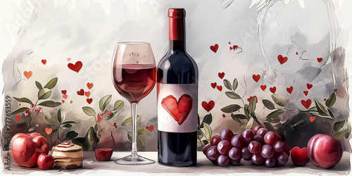 Flasche Rotwein mit einem Etikett mit Herz und einem Glas Wein