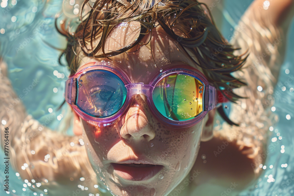Young boy smiling in the swimming pool with goggles Young boy smiling in the swimming pool with goggles