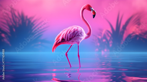 Pink flamingo in the water on a bright neon background. Summer banner concept