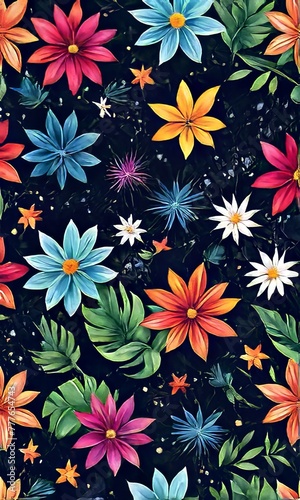 Vibrant flower painting set against dark backdrop. Bright colors of flowers pop out, creating visually appealing, captivating piece of artwork. For art, creative projects, fashion, style, magazines.