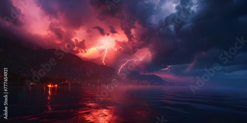 Fiery thunderstorm in the night sky over the forest, Storm on the sea, Stormy sky - Ai Generated © Muhammad