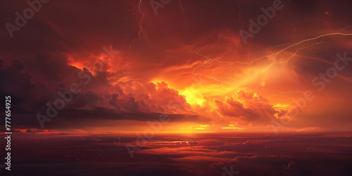 Fiery thunderstorm in the night sky over the forest, Storm on the sea, Stormy sky - Ai Generated