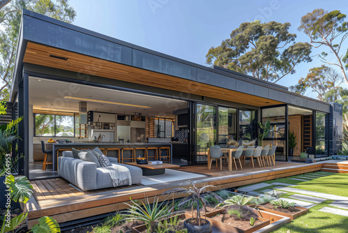 A modern, rectangular container home with large windows and an outdoor dining area on the deck. The house is located in parklike landscaping filled with native Australian plants. Created with Ai
