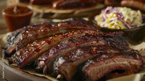 A mouthwatering barbecue platter piled high with juicy ribs, tender brisket, and smoky sausage links, 