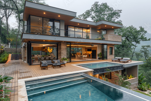 A stunning modern house with panoramic windows, featuring an elegant wooden deck and a pool in the backyard, nestled amidst lush greenery on top of a hill overlooking the valley below. Created with Ai © Design
