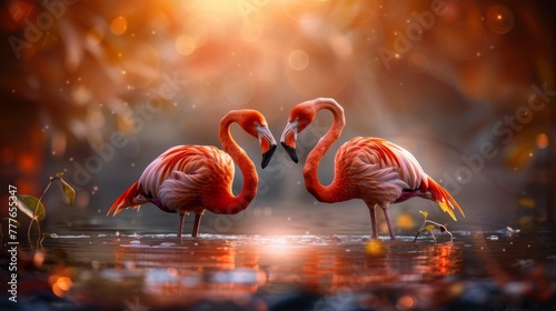 Two flamingos in the water. Wildlife scene from tropic nature. photo