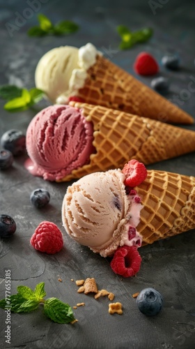 Colorful fruit ice cream balls with berries in waffle cones on a gray background