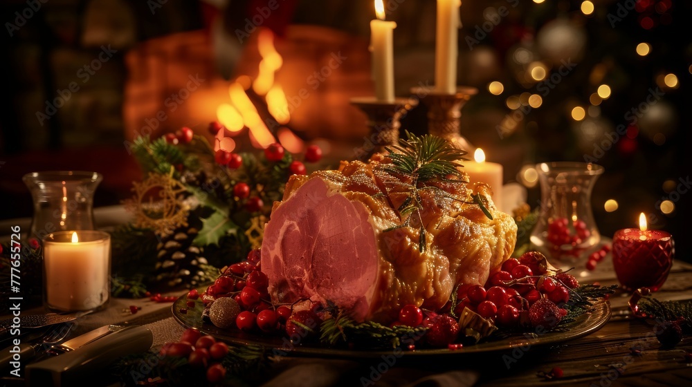 Scandinavian Christmas buffet with Christmas ham as the centerpiece. Style minimalist, highlighting the simplicity of Nordic design. Banner content.