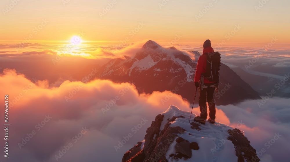 Man Standing on Snow Covered Mountain Peak