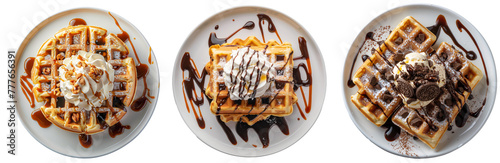 Set of Belgian waffles on the white plate. Isolated with Transparent background. Thai food for menu, restaurants.