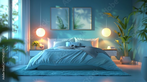 Cozy modern bedroom basking in soft blues