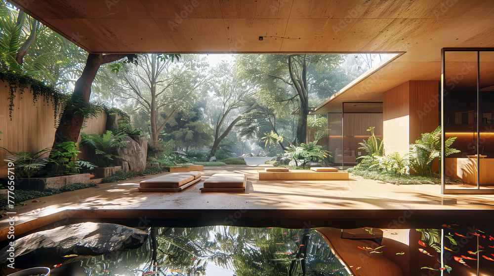Fototapeta premium Luxury Modern Home with Beautiful Architecture, Spacious Interior Design with Natural Light, Elegant Living Space and Outdoor Garden View