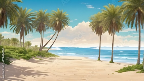 Gorgeous palm tree-lined beach with waves  sand  and generative artificial intelligence illustration with lost copy space