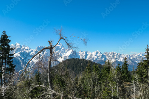 Scenic view of snowcapped mountain peaks of Julian Alps seen from Dreilaendereck, Karawanks, Carinthia, Austria. Hiking in remote alpine landscape in early springtime in Austrian Alps. Wanderlust