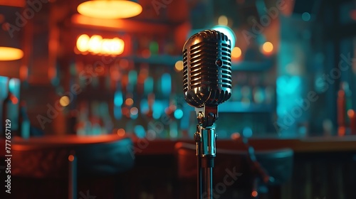 a vivid visual representation using AI, showcasing a metallic microphone set against a blurred background in a bar attractive look photo