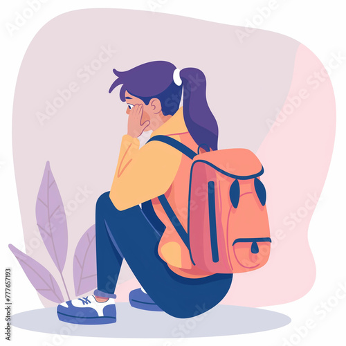 Cyberbullying at school. Teenagers, flat design style, kids worried about problems on social media, relationships, social distance, dangers of the internet, isolation, minors, cell phones at school.