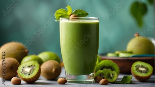 A fresh green smoothie made with Kiwis and white space for copy.