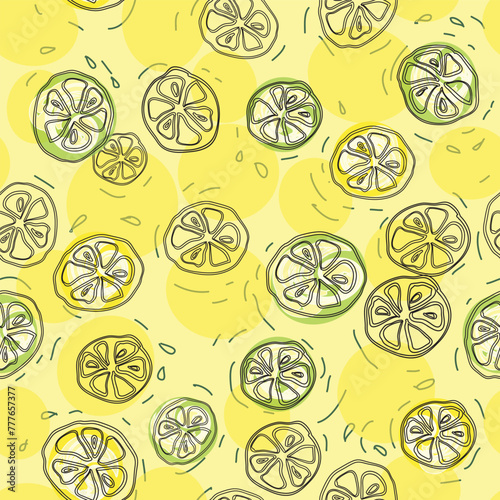 vector seamless doodle hand drawn pattern of lemon, lime slices on light yellow background