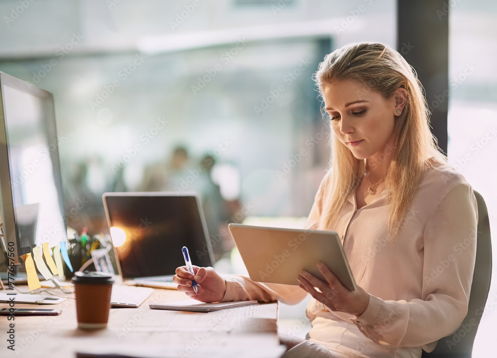 Office, thinking and woman with notes, tablet and ideas for online report, small business plan and market research. Reading, writing and businesswoman at desk with digital app, growth and development