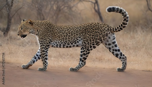 A-Leopard-With-Its-Tail-Held-High-A-Sign-Of-Domin-