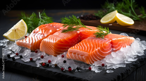 Close-up of fresh chilled trout or salmon fillet in ice on a dark stone board, garnished with herbs, spices and lemon wedges