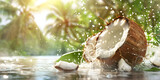 Coconut with water splashes on bokeh background, Coconut Background - Ai Generated