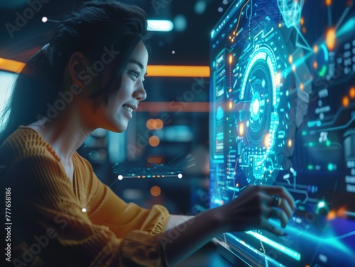 Woman Using Computer in Futuristic Setting