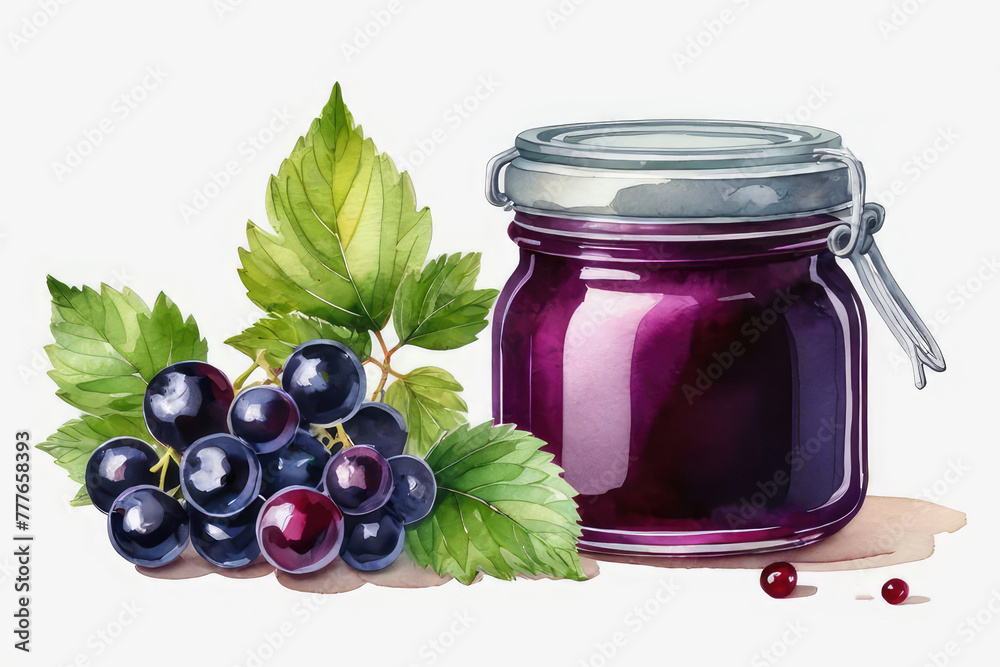 Glass jar of black currant jam or marmalade and fresh berries black currant on white background. Glass jar of black currant jam or marmalade and fresh berries black currant on white background.