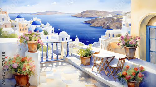 Watercolor illustration of a beautiful Greek island. Against the background of the blue ocean and mountains, the landscape stands out, where you can see white buildings with terraces surrounded by tre photo