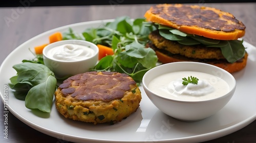 A little dinner consisting of a pumpkin and zucchini patty, salad, and fresh yoghurt sauce