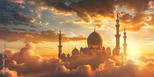Mosque on the clouds in the sunset, Beautiful mosque in the clouds - Ai Generated photo