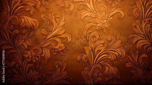 A brown and gold floral wallpaper with a floral design
