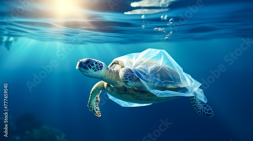 Plastic pollution is an environmental problem in the oceans. Turtle stuck in plastic bag, save ocean concept. Underwater concept of global problem with plastic waste floating in the ocean