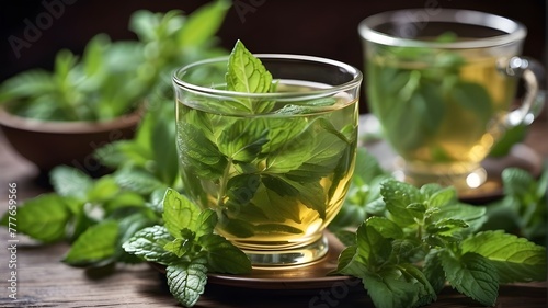 Close-up of mint tea with fresh leaves