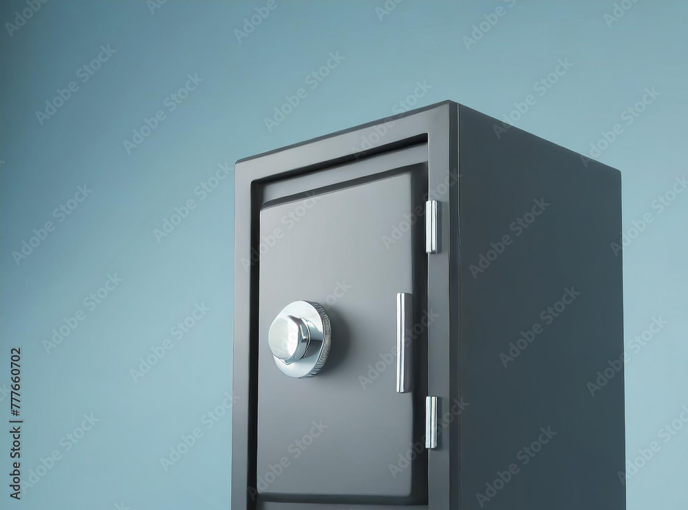 3d rendering image of a dark gray safe box in the center in the air of an empty light blue room.3 3d rendering image of a dark gray safe box in the center in the air of an empty light blue room.3