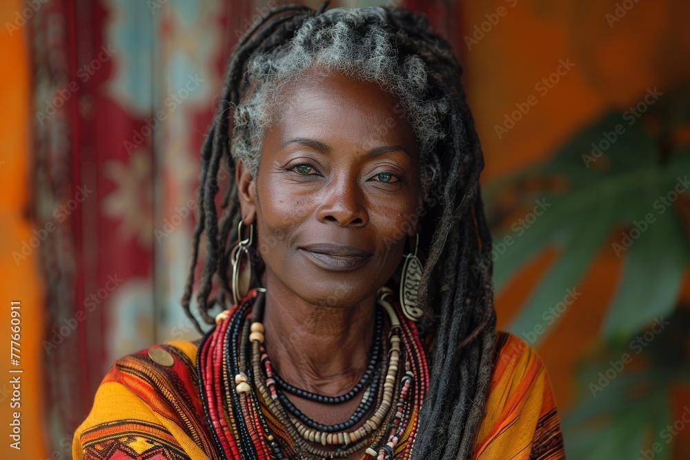 A cheerful senior woman with gorgeous dreadlocks poses in traditional ethnic attire.