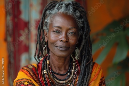A cheerful senior woman with gorgeous dreadlocks poses in traditional ethnic attire.