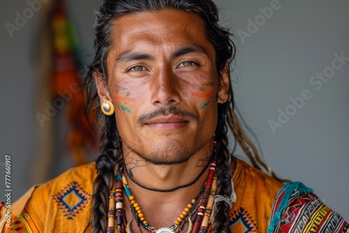 A handsome indigenous man in traditional attire reflects his cultural heritage with pride. photo