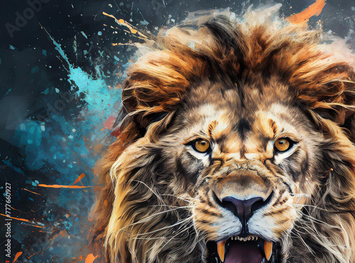 front view of an angry lion on a dark abstract background