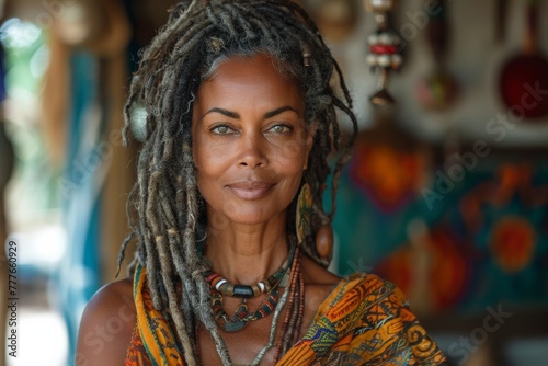 A wise and sophisticated senior woman with tribal attire and dreadlocks, exuding cultural richness.